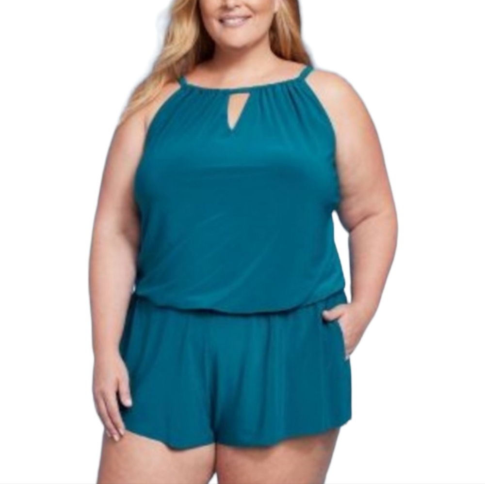 NWT Aqua Green Teal Halter-Style One-Piece Swim Romper